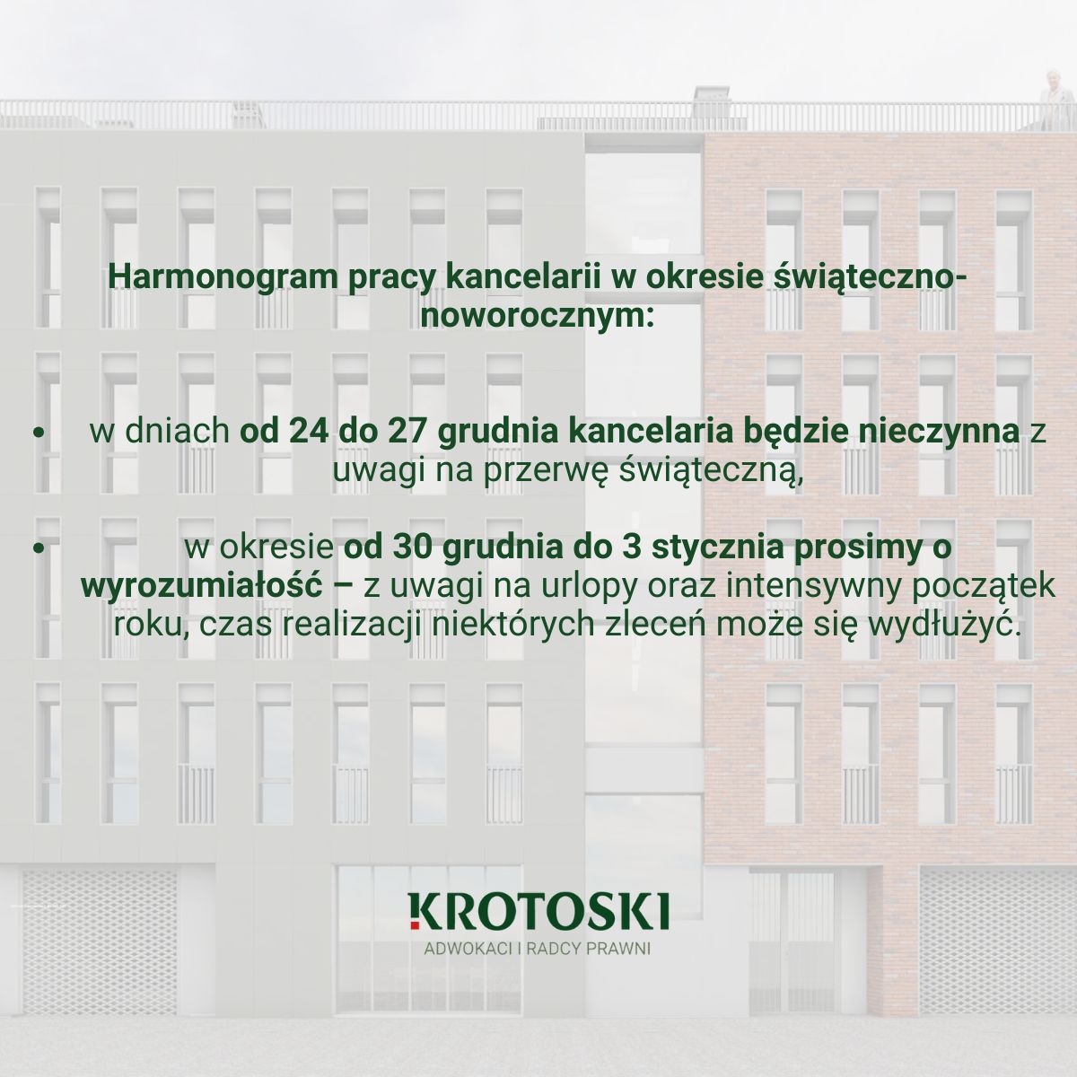 Harmonogram pracy kancelarii w okresie świąteczno-noworocznym